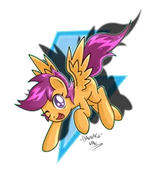 Size: 2208x2500 | Tagged: safe, artist:danmakuman, derpibooru import, scootaloo, lightning, one eye closed, solo