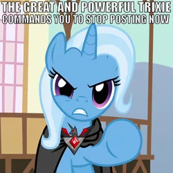 Size: 720x720 | Tagged: alicorn amulet, angry, caption, derpibooru import, image macro, magic duel, meme, reaction image, safe, trixie, trixie yells at everything