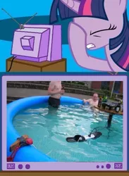 Size: 563x771 | Tagged: safe, derpibooru import, twilight sparkle, barbeque, electricity, exploitable meme, facehoof, fail, image, jpeg, meme, safety, swimming pool, tv meme