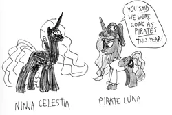 Size: 821x552 | Tagged: artist:kturtle, derpibooru import, monochrome, ninja, pirate, princess celestia, princess luna, safe