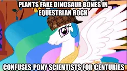 Size: 625x352 | Tagged: derpibooru import, dinosaur, hat, insane fan theory, meme, omphalos hypothesis, princess celestia, safe, scumbag celestia, scumbag hat, solo, trollestia