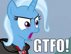 Size: 960x720 | Tagged: alicorn amulet, caption, derpibooru import, gtfo, image macro, magic duel, meme, reaction image, safe, trixie, trixie yells at everything