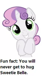 Size: 201x329 | Tagged: cute, derpibooru import, hug, sad truth, safe, sweetie belle, text, truth, you will never x