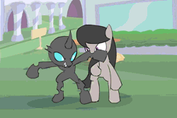 Size: 540x360 | Tagged: safe, artist:kanashiipanda, derpibooru import, octavia melody, changeling, earth pony, pony, once upon a time in canterlot, animated, badass, canterlot, female, fight, frame by frame, male, mare, youtube link
