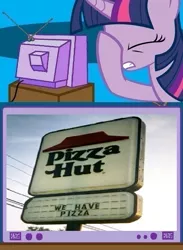 Size: 563x771 | Tagged: barely pony related, captain obvious, derpibooru import, exploitable meme, facehoof, meme, obligatory pony, pizza, pizza hut, safe, shaped like itself, sign, tv meme, twilight sparkle