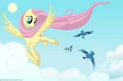 Size: 5756x3789 | Tagged: safe, artist:grievousfan, derpibooru import, fluttershy, bird, pegasus, pony, cloud, cloudy, female, flying, mare, sky, smiling, solo, sun