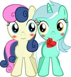 Size: 4615x5000 | Tagged: safe, artist:artpwny, derpibooru import, bon bon, lyra heartstrings, sweetie drops, earth pony, pony, unicorn, absurd resolution, blushing, female, filly, heart, lesbian, lyrabon, mouth hold, shipping, simple background, transparent background, valentine, valentine's day, vector