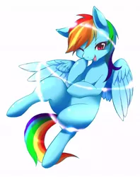 Size: 500x632 | Tagged: safe, artist:pika, derpibooru import, rainbow dash, pegasus, pony, female, flying, looking at you, mare, missing cutie mark, one eye closed, open mouth, pixiv, simple background, solo, spread wings, white background, wings