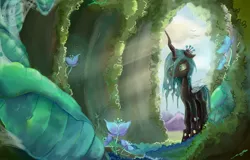 Size: 1200x768 | Tagged: artist:fly-gray, cave, changeling, changeling queen, cocoon, crepuscular rays, dead source, derpibooru import, female, flower, mare, queen chrysalis, safe, solo