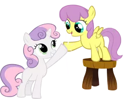 Size: 6000x4714 | Tagged: safe, artist:rainbowdashuk, derpibooru import, parasol, sweetie belle, pegasus, pony, unicorn, absurd resolution, background pony, blank flank, chair, duo, duo female, female, filly, hoofbump, simple background, stool, transparent background, vector, younger