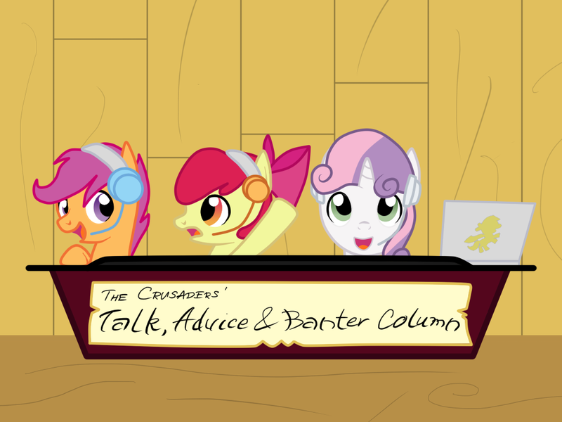 Size: 1024x768 | Tagged: apple bloom, derpibooru import, headset, radio, safe, scootaloo, sweetie belle