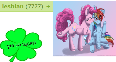 Size: 392x210 | Tagged: safe, derpibooru import, pinkie pie, rainbow dash, earth pony, pegasus, pony, 777, blushing, clover, eyes closed, female, four leaf clover, lesbian, mare, milestone, pinkiedash, shipping, sitting, smiling, tags, underhoof