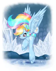 Size: 750x950 | Tagged: safe, artist:yuki-orin, derpibooru import, descent, rainbow dash, crystal pony, pony, crystal, crystallized