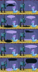 Size: 1500x2807 | Tagged: safe, artist:evil-dec0y, derpibooru import, queen chrysalis, changeling, changeling queen, pony, unicorn, comic:trixie vs., ask, cape, clothes, comic, duo, duo female, female, hat, mare, stage, trixie's cape, trixie's hat, tumblr