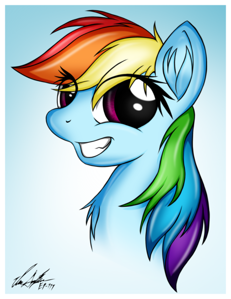 Size: 1024x1325 | Tagged: dead source, safe, artist:ep-777, derpibooru import, rainbow dash, pegasus, pony, bust, chest fluff, female, grin, looking at you, mare, portrait, signature, smiling, solo