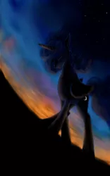 Size: 800x1280 | Tagged: safe, artist:grayma1k, derpibooru import, princess luna, alicorn, pony, dark, fisheye lens, low angle, solo, sunset, twilight (astronomy)