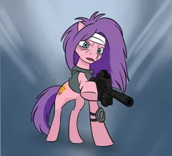 Size: 900x818 | Tagged: artist:calicopikachu, derpibooru import, gun, my little headshotz, oc, p90, semi-grimdark, submachinegun, suppressor, tuff muffin, tuffmuffin, unofficial characters only