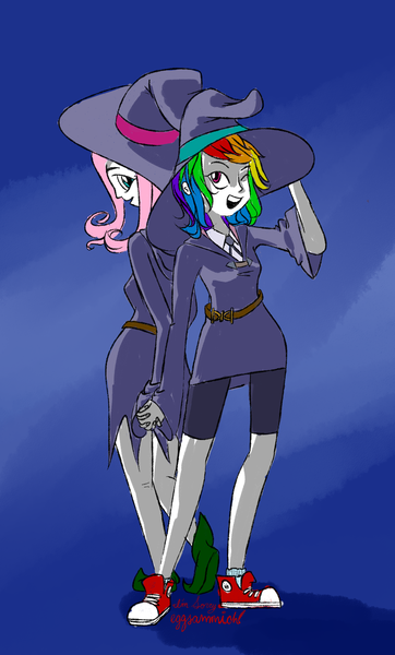 Size: 1605x2658 | Tagged: artist:eggsammich, belt, clothes, compression shorts, converse, derpibooru import, dress, duo, fluttershy, hat, holding hands, humanized, little witch academia, rainbow dash, safe, shoes, shorts, skirt, witch, witch hat