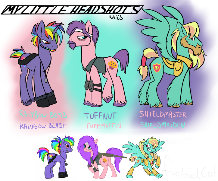 Size: 1667x1382 | Tagged: artist:calicopikachu, derpibooru import, oc, rainbow blast, rule 63, safe, shieldmaiden, tuffmuffin, unofficial characters only