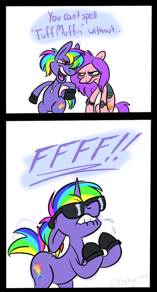 Size: 809x1504 | Tagged: artist:calicopikachu, comic, derpibooru import, my little headshotz, oc, rainbow blast, safe, the ass was fat, tuff muffin, tuffmuffin, unofficial characters only