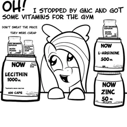 Size: 1000x1000 | Tagged: safe, artist:cosmonaut, derpibooru import, flitter, pegasus, pony, dialogue, monochrome, pills, solo, vitamins