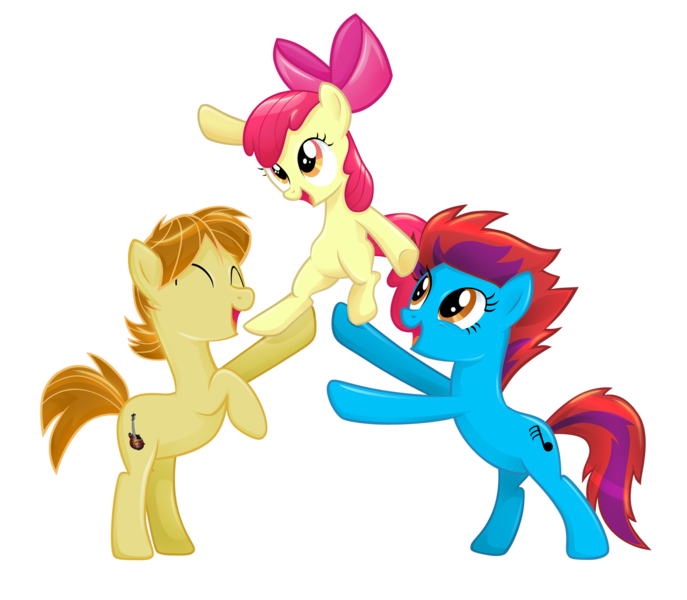 Size: 1510x1319 | Tagged: dead source, safe, artist:catwhitney, derpibooru import, apple bloom, oc, oc:mandopony, earth pony, pony, acousticbrony, mandobloom, pony pyramid