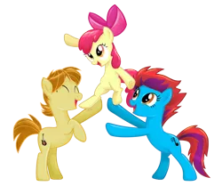 Size: 1510x1319 | Tagged: dead source, safe, artist:catwhitney, derpibooru import, apple bloom, oc, oc:mandopony, earth pony, pony, acousticbrony, mandobloom, pony pyramid