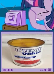 Size: 563x771 | Tagged: safe, derpibooru import, twilight sparkle, can, epic fail, exploitable meme, facehoof, fail, image, jpeg, peaches, tomato, tv meme, walmart, you had one job