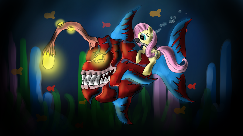 Size: 3000x1687 | Tagged: angler fish, artist:malamol, derpibooru import, fish, fluttershy, safe, scuba, underwater, watershy