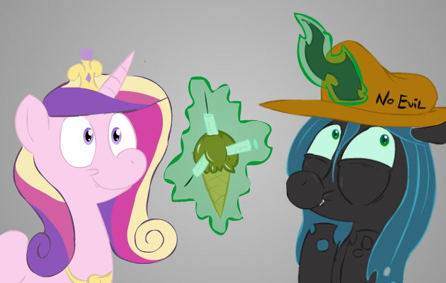 Size: 630x400 | Tagged: derpibooru import, hat, ice cream, ice cream cone, needle, princess cadance, queen chrysalis, safe, seems legit, syringe