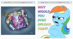 Size: 532x284 | Tagged: applejack, artist:leadhooves, derpibooru, derpibooru import, duality, ew gay, exploitable meme, fluttershy, juxtaposition, juxtaposition fail, juxtaposition win, mane six, meme, meta, pinkamena diane pie, pinkie pie, rainbow dash, rarity, safe, sleeping, twilight sparkle