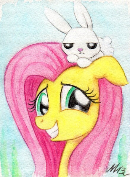 Size: 970x1326 | Tagged: safe, artist:deathcutlet, derpibooru import, angel bunny, fluttershy, traditional art, unamused