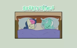 Size: 1680x1050 | Tagged: safe, artist:tritebristle, derpibooru import, bon bon, lyra heartstrings, sweetie drops, earth pony, pony, unicorn, comic:heartstrings, bed, cropped, female, lesbian, lyrabon, shipping, sleeping, smiling