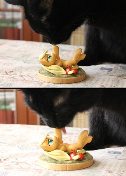 Size: 648x900 | Tagged: applejack, artist:alisterosenheim, boop, cat, derpibooru import, irl, licking, photo, safe, sculpture