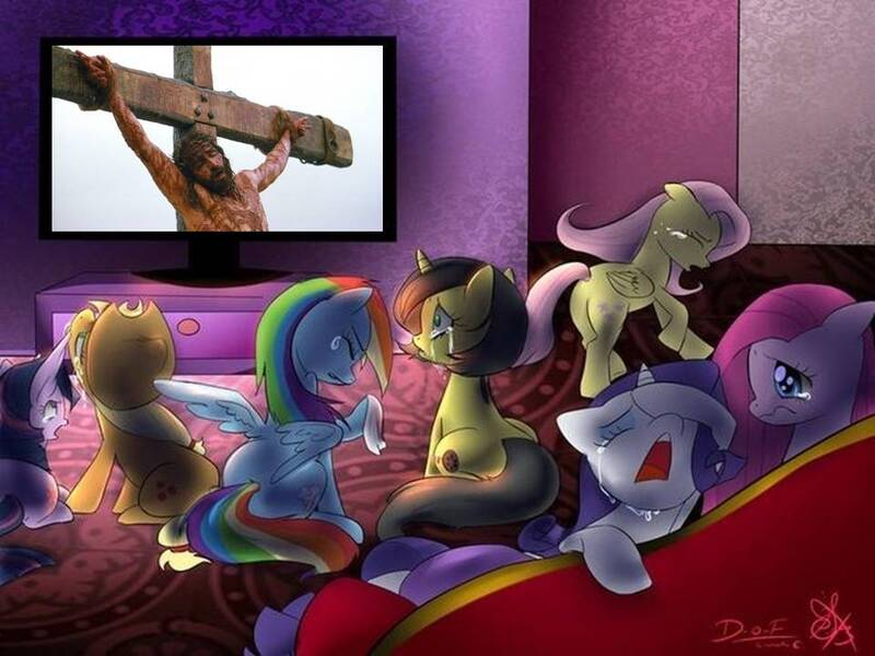 Size: 960x720 | Tagged: grimdark, derpibooru import, applejack, fluttershy, pinkamena diane pie, pinkie pie, rainbow dash, rarity, twilight sparkle, oc, oc:pauly sentry, blood, exploitable meme, jesus christ, mane six, meme, passion of the christ, sad movie meme