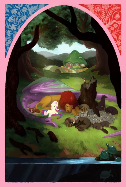 Size: 1077x1600 | Tagged: safe, artist:chaosrruruus, derpibooru import, fluttershy, spike, big cat, bird, dog, dragon, lion, pegasus, pony, rabbit, raccoon, snake, wolf, animal, cottage, eyes closed, female, fluttershy's cottage, grass, mare, older, older spike, open mouth, pixiv, prone, singing, sleeping, smiling, sparkles, tree, tree stump, water