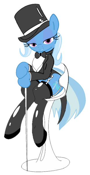 Size: 387x750 | Tagged: artist:djnightmar3, artist:zev, cane, dapper, derpibooru import, simple background, smiling, stockings, suggestive, top hat, transparent background, trixie