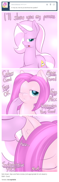 Size: 530x1618 | Tagged: artist:lamia, ask lamia, blushing, breathing, comic, derpibooru import, ear fluff, heavy breathing, james hairspray, oc, oc:lamia, suggestive, tumblr, unofficial characters only