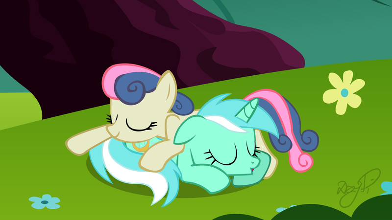 Size: 3840x2160 | Tagged: safe, artist:dzejpi, derpibooru import, bon bon, lyra heartstrings, sweetie drops, earth pony, pony, unicorn, cuddling, eyes closed, female, lesbian, lyrabon, pony pile, shipping, sleeping, snuggling