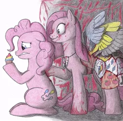 Size: 689x680 | Tagged: grimdark, artist:sirartemisderpington, derpibooru import, pinkie pie, earth pony, pony, fanfic:cupcakes, blood, cupcake, cutie mark dress, duality, pinkamena diane pie, rainbow cupcake