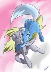 Size: 900x1260 | Tagged: safe, artist:remenbrand, derpibooru import, derpy hooves, trixie, pegasus, pony, female, flying, lesbian, mare, shipping, tripy