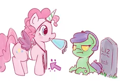 Size: 600x386 | Tagged: artist:pinkieinprivate, derpibooru import, grave, hat, party hat, pinkie pie, safe, zombie