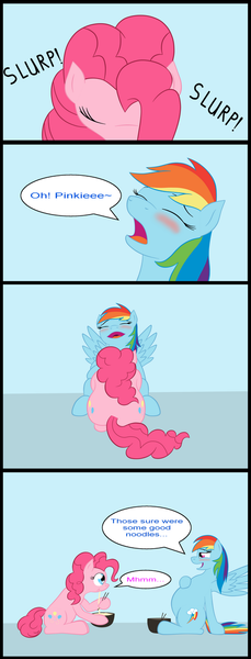 Size: 489x1280 | Tagged: suggestive, artist:8aerondight8, derpibooru import, pinkie pie, rainbow dash, pony, bait and switch, belly, big belly, blushing, chopsticks, chubby, comic, duo, duo female, fat, female, food baby, happy, implied lesbian, implied oral, implied pinkiedash, implied sex, implied shipping, innuendo, moaning, onomatopoeia, ramen, stuffed