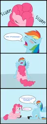 Size: 489x1280 | Tagged: suggestive, artist:8aerondight8, derpibooru import, pinkie pie, rainbow dash, pony, bait and switch, belly, big belly, blushing, chopsticks, chubby, comic, duo, duo female, fat, female, food baby, happy, implied lesbian, implied oral, implied pinkiedash, implied sex, implied shipping, innuendo, moaning, onomatopoeia, ramen, stuffed