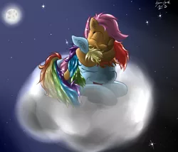 Size: 1400x1200 | Tagged: artist:estaliz, cloud, derpibooru import, moon, rainbow dash, safe, scootahat, scootaloo, scootalove, sleeping, stars