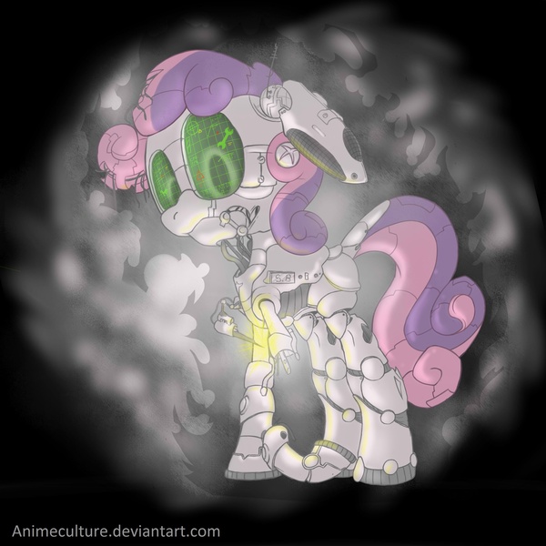 Size: 3000x3000 | Tagged: safe, artist:animeculture, derpibooru import, sweetie belle, pony, robot, robot pony, unicorn, blank flank, dock, female, filly, floppy ears, foal, hooves, horn, repairing, robot gore, solo, sweetie bot