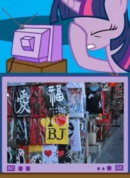 Size: 563x771 | Tagged: suggestive, derpibooru import, twilight sparkle, pony, unicorn, beijing, china, clothes, exploitable meme, facehoof, fail, female, heart, implied blowjob, implied oral, implied sex, mare, meme, t-shirt, tv meme