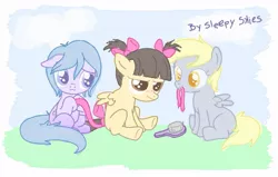 Size: 1043x665 | Tagged: artist:catwhitney, derpibooru import, derpy hooves, filly, oc, oc:sleepy skies, safe, wild fire, younger