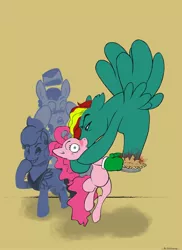 Size: 2400x3300 | Tagged: safe, artist:flyingram, derpibooru import, carrot cake, cup cake, pinkie pie, oc, oc:green ember, earth pony, pegasus, pony, blushing, canon x oc, female, green ember, kissing, male, mare, stallion, straight