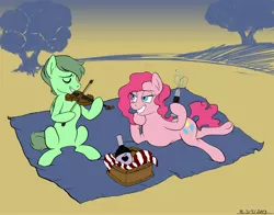 Size: 4200x3300 | Tagged: safe, artist:flyingram, derpibooru import, pinkie pie, oc, oc:kiwimist, earth pony, pegasus, pony, canon x oc, music, picnic, silly straw, violin, wine